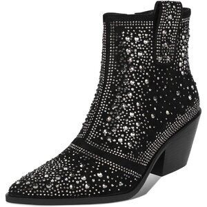 ✨ Isnom Ankle Boots Women Black Rhinestone Sparkly Pointed Toe Chunky Heel Boots
